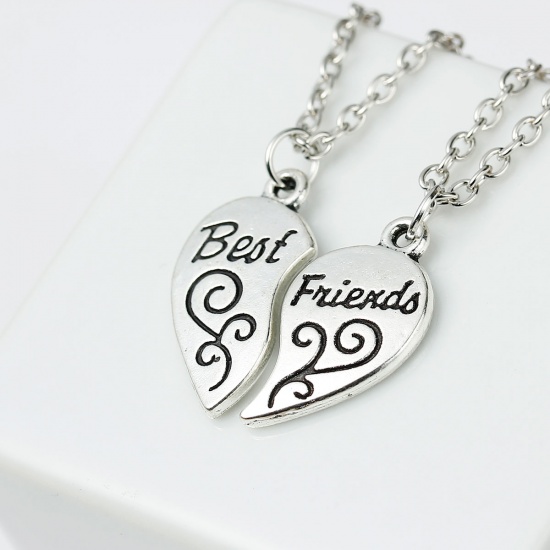 Picture of New Fashion Necklace Link Cable Chain Antique Silver Broken Heart Friendship BFF Message " BEST FRIENDS " Flower Carved Pendant 46.0cm(18 1/8") long, 1 Set