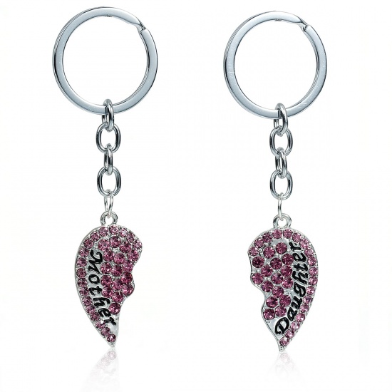 Picture of New Fashion Key Chains Key Rings Broken Heart Silver Tone Message " Mother & Daughter " Carved Purple Rhinestone 94mm x 30mm, 1 Set(2 PCs/Set)