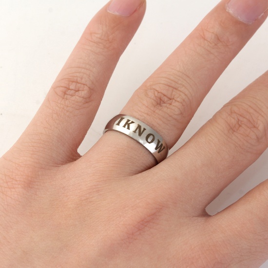 Picture of Stainless Steel Unadjustable Rings Silver Tone Round " I KNOW " 17.5mm(US size 7.25), 1 Piece