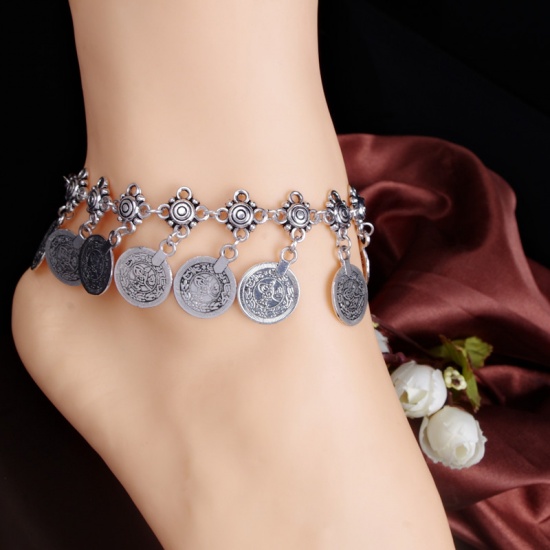 Picture of Zinc Based Alloy Anklet Antique Silver Round Carved Pattern 20cm(7 7/8") long, 1 Piece