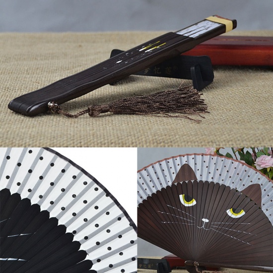 Picture of Bamboo Cute Hand Folding Fans Black Cat 21cm x 2.7cm, 1 Piece