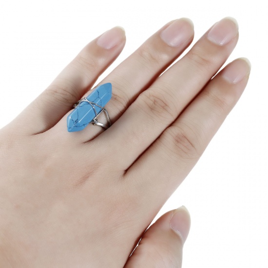 Picture of Open Rings Silver Tone Peacock Blue Imitation Turquoise Irregular 19.1mm(US Size 9.25), 1 Piece