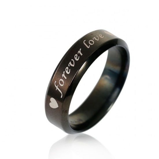 ステンレス鋼 調整不能 リング 指輪 黒 ハート “ Forever Love ” 21.5mm（日本サイズ約25.5号）、 1 個 の画像