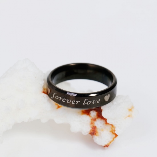 Picture of Stainless Steel Unadjustable Rings Black Heart " Forever Love " 21.5mm(US Size 12), 1 Piece