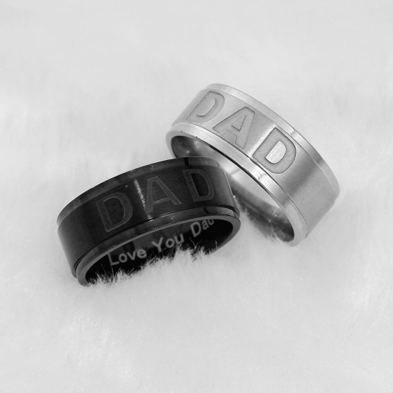 Picture of Stainless Steel Unadjustable Rings Black Round " Dad " 18.3mm(US Size 8.25), 1 Piece