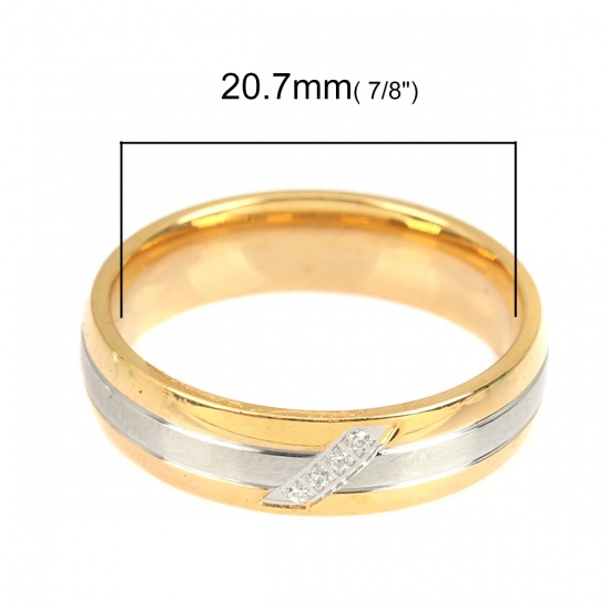 Picture of Stainless Steel Unadjustable Rings Gold Plated & Silver Tone Circle Ring Stripe Clear Rhinestone 20.7mm(US Size 11), 1 Piece