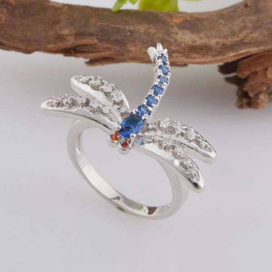 Bild von Messing Ring Silberfarbe Libellen Königsblau & Transparent Strass 18.3mm（US Größe:8.25), 1 Stück                                                                                                                                                              