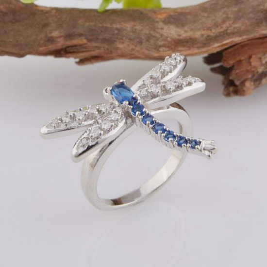 Picture of Brass Rings Silver Tone Dragonfly Animal Royal Blue&Transparent Rhinestone 18.3mm(US Size 8.25), 1 Piece                                                                                                                                                      
