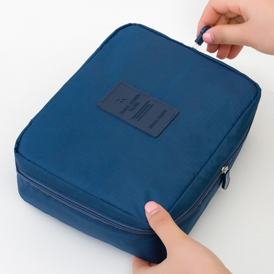 Picture of Oxford Fabric Makeup Wash Bag Rectangle Navy Blue 21cm(8 2/8") x 16cm(6 2/8"), 1 Piece