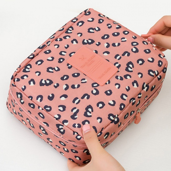 Immagine di Oxford Fabric Makeup Wash Bag Rectangle Peachy Beige Leopard Print 21cm(8 2/8") x 16cm(6 2/8"), 1 Piece