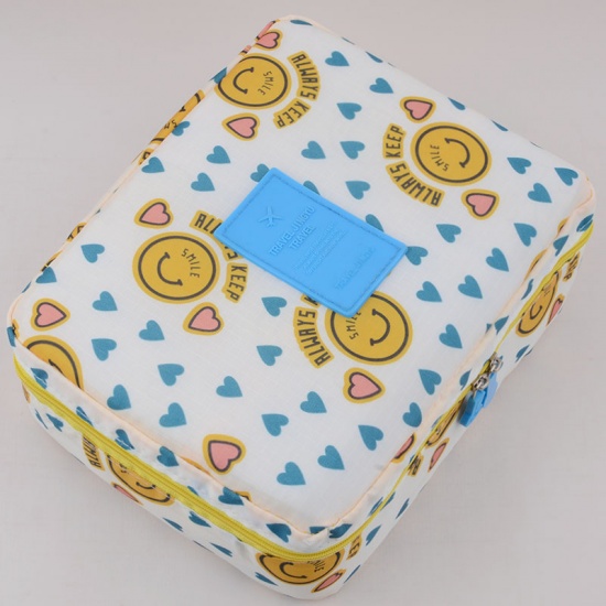 Picture of Oxford Fabric Makeup Wash Bag Rectangle Yellow & Blue Smile Face 21cm(8 2/8") x 16cm(6 2/8"), 1 Piece