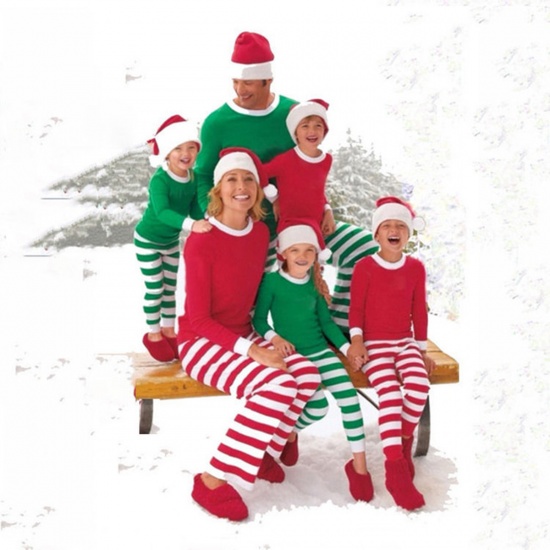 Picture of Cotton Christmas Family Matching Sleepwear Nightwear Pajamas Set Stripe Green For Kids 10T, 1 Set