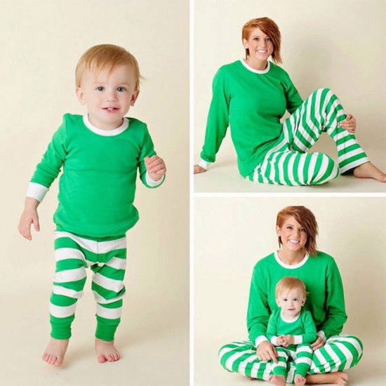 Picture of Cotton Christmas Family Matching Sleepwear Nightwear Pajamas Set Green Stripe For Women Size M, 1 Set