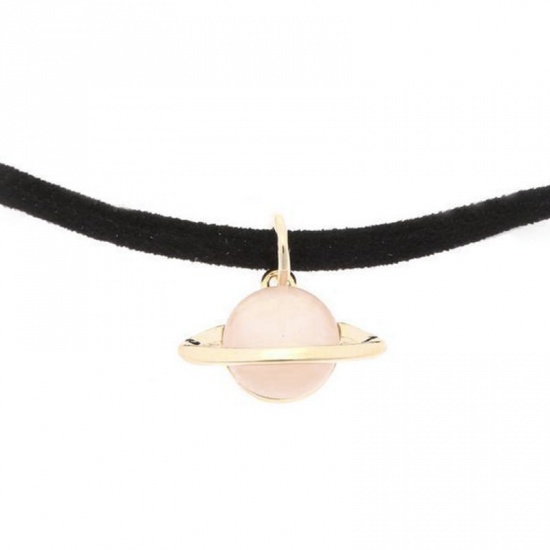 Picture of Velvet & Acrylic Choker Necklace Gold Plated Light Pink Planet Cat's Eye Imitation 34cm(13 3/8") long, 1 Piece
