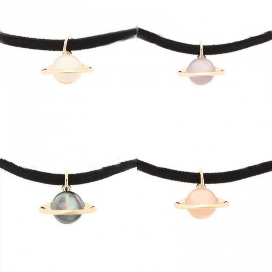 Picture of Velvet & Acrylic Choker Necklace Gold Plated Light Pink Planet Cat's Eye Imitation 34cm(13 3/8") long, 1 Piece