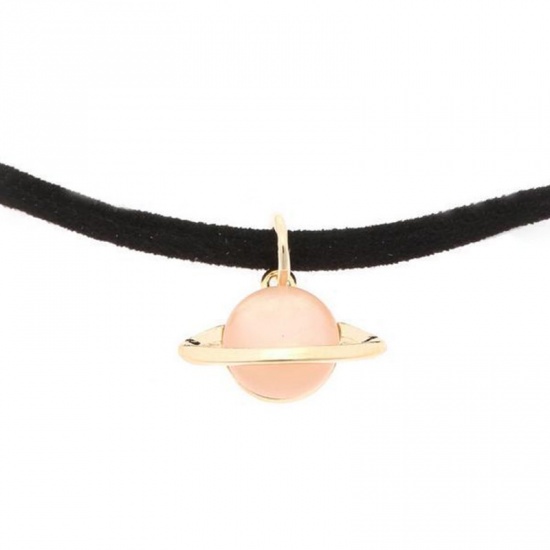 Picture of Velvet & Acrylic Choker Necklace Gold Plated Pink Planet Cat's Eye Imitation 34cm(13 3/8") long, 1 Piece