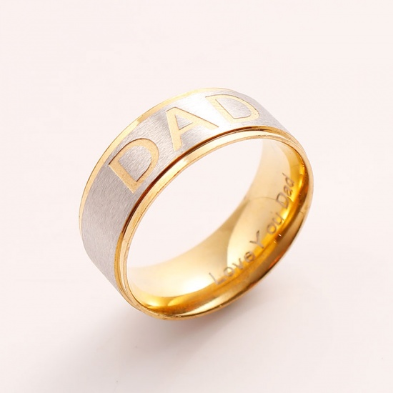 Picture of Stainless Steel Unadjustable Rings Gold Plated & Silver Tone Round " Dad " 17.5mm(US size 7.25), 1 Piece