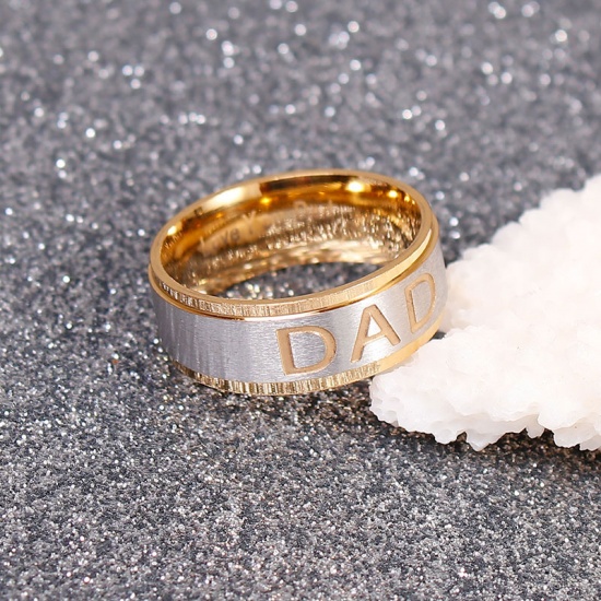 Picture of Stainless Steel Unadjustable Rings Gold Plated & Silver Tone Round " Dad " 18.3mm(US Size 8.25), 1 Piece