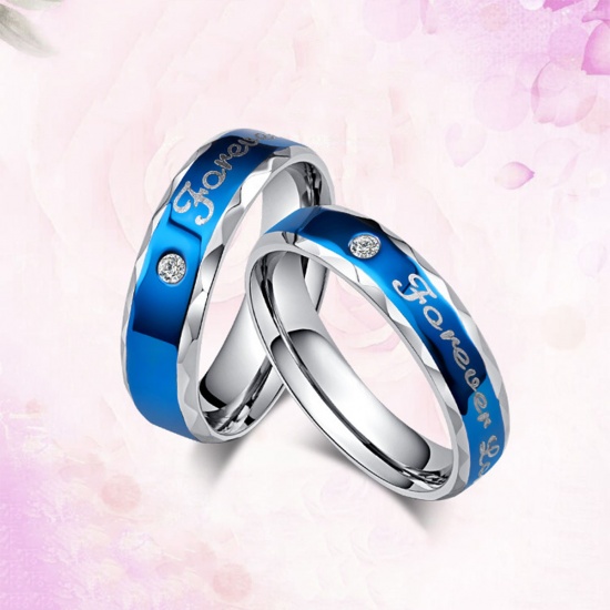 Picture of Titanium Steel Unadjustable Rings Silver Tone Blue Round " Forever Love " Clear Rhinestone 15.7mm(US Size 5), 1 Piece