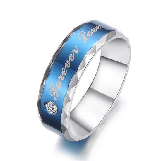 Picture of Titanium Steel Unadjustable Rings Silver Tone Blue Round " Forever Love " Clear Rhinestone 17.5mm(US size 7.25), 1 Piece