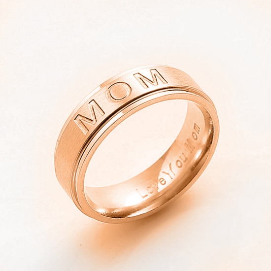 ステンレス鋼 調整不能 リング 指輪 ローズゴールド 円形 “ Mom ” 16.5mm（日本サイズ約11号）、 1 個 の画像