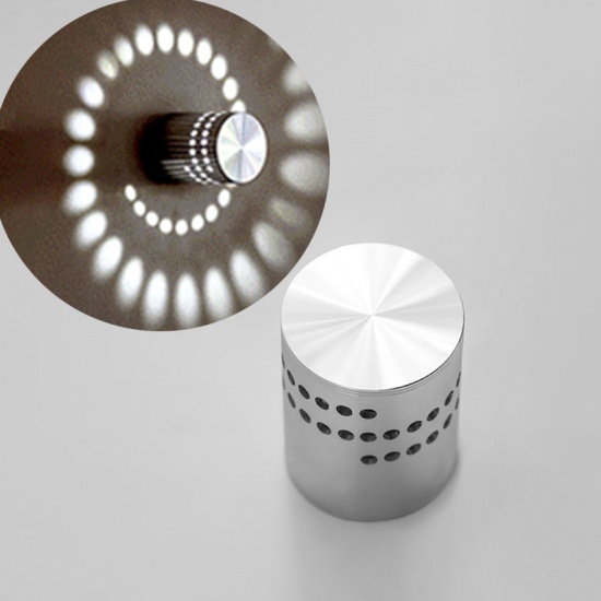 Immagine di Aluminum 3W RGB LED Light Bulb Wall Lamp Spiral Cylinder Silver Tone White 68mm(2 5/8") x 54mm(2 1/8"), 1 Piece