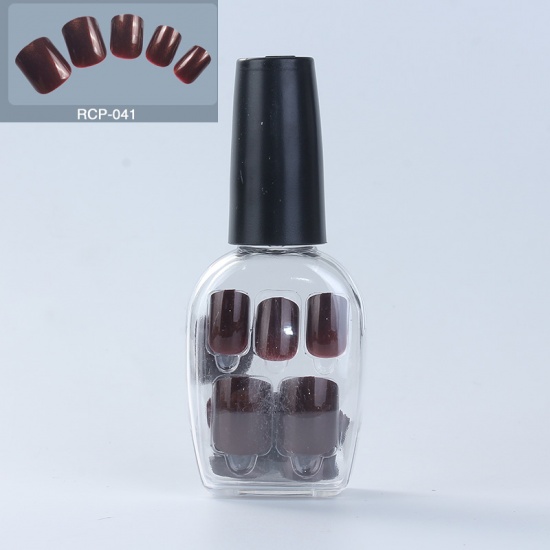 Image de Faux Ongles Nail Art en Plastique Brun Foncé (Lingette Humide Incluse) 18mm x 15mm - 11mm x 7mm, 1 Boîte (24 Pcs/Boîte)