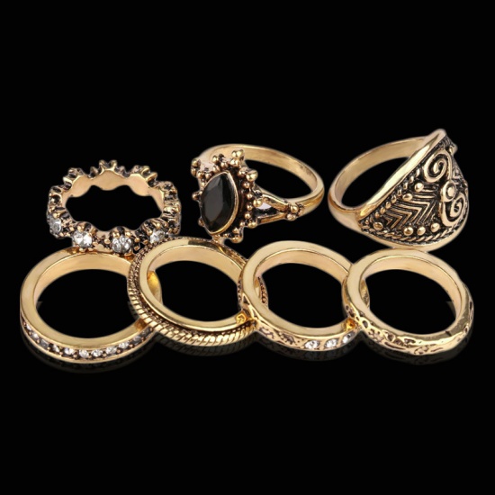 Immagine di Anello Bronzo Antico Rombo Intagliato Nero & Trasparente Strass Rombo 16.9mm (taglia di US: 6.5) - 14.3mm (taglia di US: 3.25), 1 Serie ( 7 Pz/Serie)