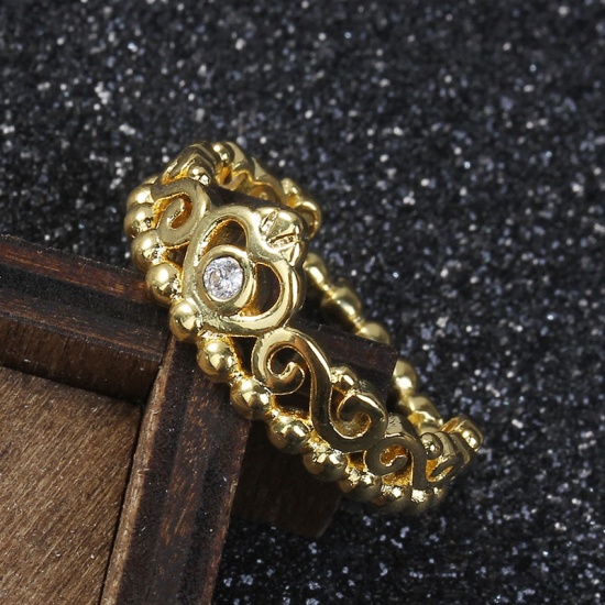 Picture of Brass Unadjustable Rings Gold Plated Crown Clear Rhinestone 16.5mm(US Size 6), 1 Piece
