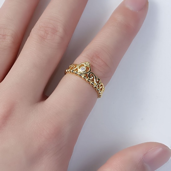 Picture of Brass Unadjustable Rings Gold Plated Crown Clear Rhinestone 16.5mm(US Size 6), 1 Piece