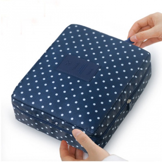 Immagine di Polyester Makeup Wash Bag Rectangle Navy Blue Dot 23cm(9") x 19cm(7 4/8"), 1 Piece