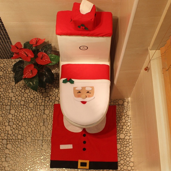 Picture of Nonwovens Toilet Seat Cover Christmas Santa Claus White & Red 43cm x 35cm(16 7/8"x13 6/8") 53cmx53cm(20 7/8"x20 7/8") 38cm x 20cm(15"x7 7/8"), 1 Set