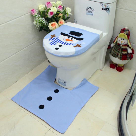 Picture of Nonwovens Toilet Seat Cover Christmas Snowman Blue & White 35cmx43cm(13 6/8"x16 7/8") 53cmx53cm(20 7/8"x20 7/8"), 1 Set