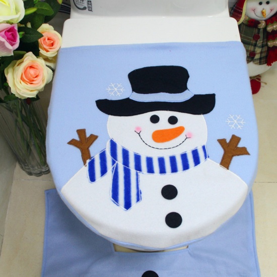Image de Housse de Siège de Toilette en Chiffon Bonhomme de Neige de Noël Bleu & Blanc 35cm x 43cm 53cm x 53cm, 1 Kit