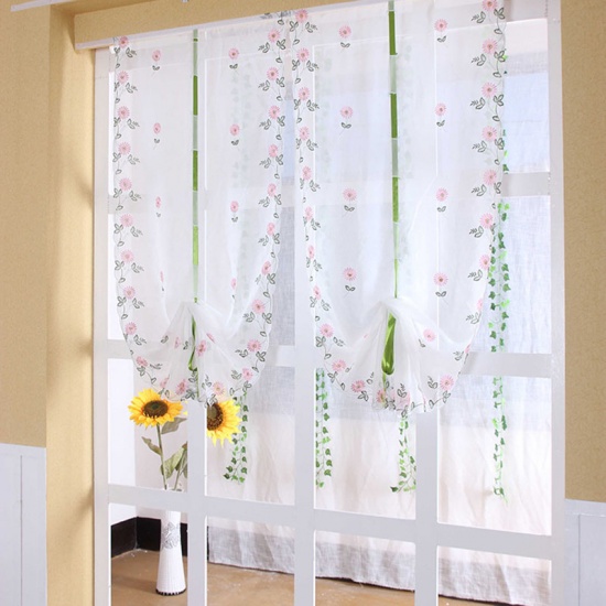 Image de Rideau de Fenêtre 4 Cintres Blanc Feuilles Fleurs Rose 2.5m x 0.8m, 1 Pièce