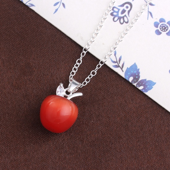 Picture of Sterling Silver Necklace Gold Plated Red Apple Fruit Clear Rhinestone Cat's Eye Imitation 45.5cm(17 7/8") long, 1 Piece