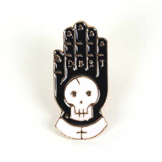 Picture of Tie Tac Lapel Pin Brooches Hand Skull Black & White Enamel 28mm x 14mm, 1 Piece