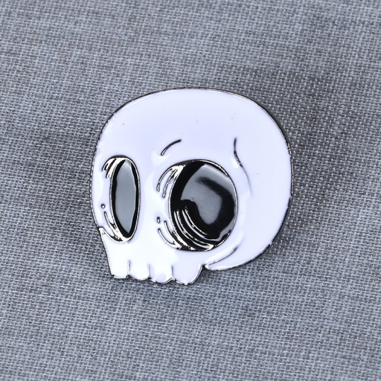 Picture of Pin Brooches Skull Gunmetal Black & White Enamel 26mm x 25mm, 1 Piece