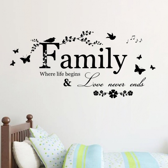 Picture of PVC Home Decor Wall Decal Sticker Wallpaper Black Leaf Butterfly Message " FAMILY " 60cm(23 5/8") x 19cm(7 4/8"), 1 Piece