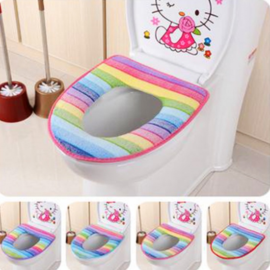 Picture of Polyester Toilet Seat Mat Multicolor Stripe 43cm(16 7/8") x 37cm(14 5/8"), 1 Piece