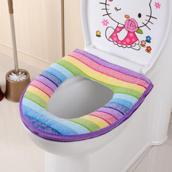 Immagine di Polyester Toilet Seat Mat Multicolor Stripe 43cm(16 7/8") x 37cm(14 5/8"), 1 Piece