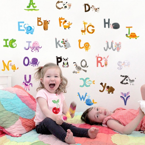 Picture of PVC Home Decor Wall Decal Sticker Wallpaper 26 Alphabet/ Letter Multicolor Animal 90cm(35 3/8") x 60cm(23 5/8"), 1 Set