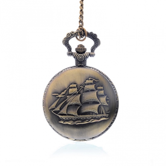 Picture of Pocket Watches Round Antique Bronze Sailing Boat Pattern Battery Included 80cm(31 4/8") long, 1 Piece