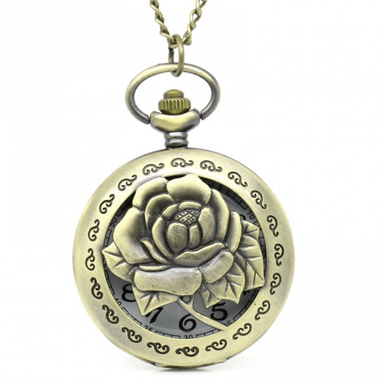 Picture of Pocket Watches Round Antique Bronze Rose Flower Pattern Battery Included 83.2cm(32 6/8") long, 1 Piece
