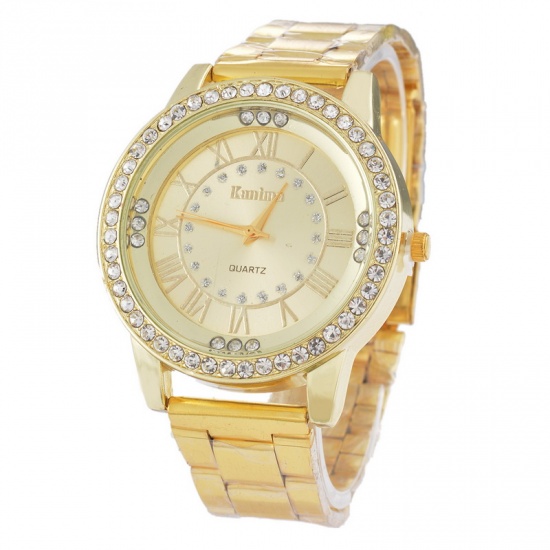 Picture of Stainless Steel Quartz Wrist Watches Gold Plated Roman Numerals Clear Rhinestone Battery Included 22.5cm(8 7/8") long, 1 Piece