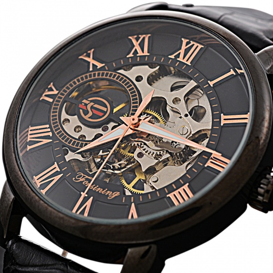 Picture of PU Leather Man Mechanical Wrist Watches Rose Gold Black 25cm(9 7/8") long, 1 Piece