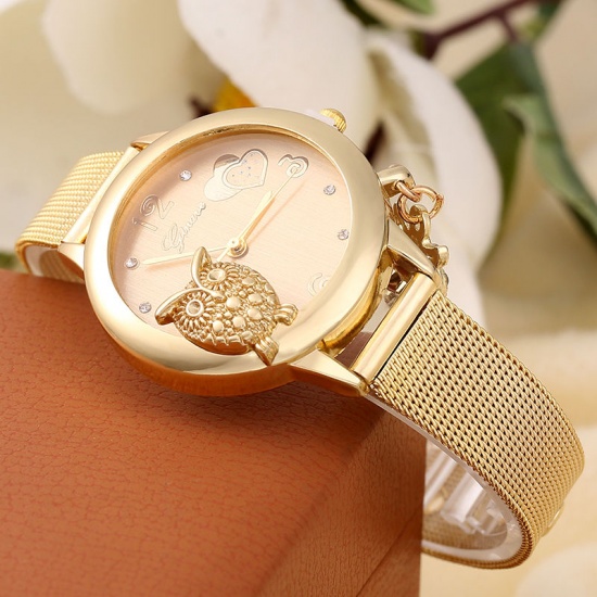 Bild von Stahl Quarz Armbanduhr Uhr Eule Vergoldet Transparent Strass (inkl. Batterie) 22.5cm lang, 1 Stück
