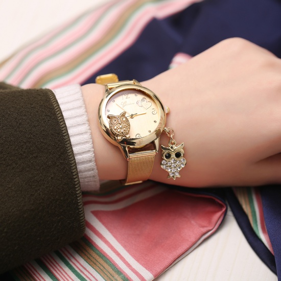 Bild von Stahl Quarz Armbanduhr Uhr Eule Vergoldet Transparent Strass (inkl. Batterie) 22.5cm lang, 1 Stück