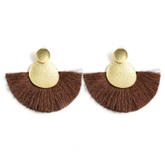 Picture of Polyester Tassel Earrings Gold Plated Coffee Fan-shaped Round 1 Pair