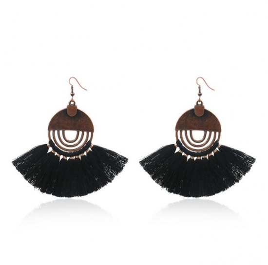 Picture of Polyester Tassel Earrings Antique Copper Black Fan-shaped Round 80mm x 30mm, 1 Pair